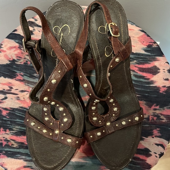 Jessica Simpson Studded Brown Leather Wedges - Picture 4 of 4